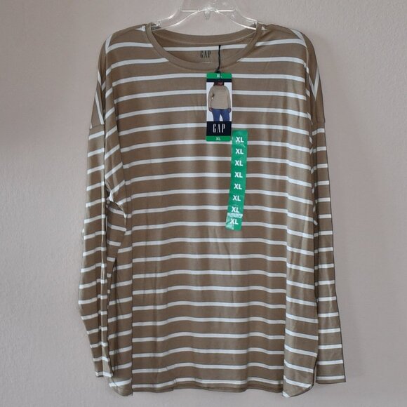 GAP Tan Striped Drop Shoulder LS Classic Crew Neck Curved Hem Soft Feel Top XL - Picture 1 of 4